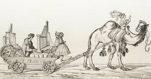 Organisten Paul Hoffaner spelar i en vagn dragen av en kamel, ca 1880 (gravyr)