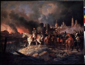 ""Moskvabrand den 1812-09-15"" Stadens guvernör, greve Rostopchin, lät sätta eld på staden när Napoleon I:s trupper anlände, kejsar Napoleon I (1769-1821) framför Moskva i lågor, på den höger sträcker sig Kreml. målad