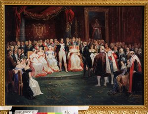 ""Receptionen av kejsar Napoleon Bonaparte (1769-1821)"": Georges Cuvier (1769-1832), stående framför Napoleon, utsågs till riddare av Hederslegionen den 26 november 1803. Bland de närvarande i rummet, kan vi notera: Madame de Stael