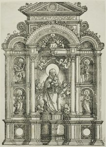 Altartavla med den vackra jungfrun av Regensburg och de heliga Kristoffer, Maria Magdalena, Florian och Katarina stående i nischer, med Gud Fader ovanför av Albrecht Altdorfer