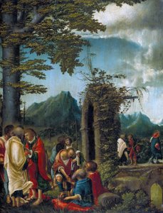 Tyska: Der Abschied der Apostel in waldiger Landschaft Apostlarnas gemenskap / Apostlar i ett skogslandskap av Albrecht Altdorfer