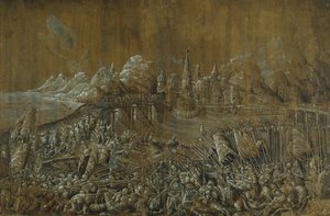 Landaknechten, Battle on a Bridge (penna och bläck med gouache på papper) av Albrecht Altdorfer