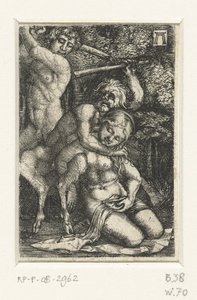 Satyr och en man slåss om en kvinna av Albrecht Altdorfer