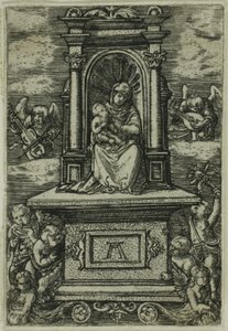 "Den vackra jungfrun av Regensburg" med barnet på en tron, omgiven av änglar med musikinstrument av Albrecht Altdorfer