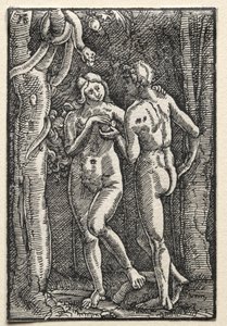 Människans fall och återlösning: Adam och Eva äter den förbjudna frukten av Albrecht Altdorfer
