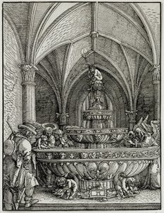 Den heliga familjen har fontänen. Gravyr av tysken Albrecht Altdorfer (1480-1538). Louvren av Albrecht Altdorfer