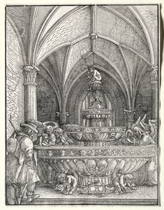 Den heliga familjen på flykt till Egypten vid en fontän av Albrecht Altdorfer