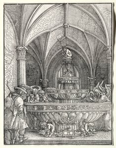 Den heliga familjen på flykt till Egypten vid en fontän, ca. 1520. av Albrecht Altdorfer