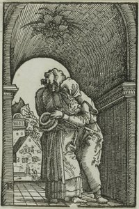 Mötet mellan Joachim och Anne, från Människans fall och återlösning av Albrecht Altdorfer