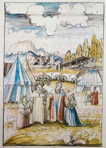 Den blivande kejsaren Maximilian I, under ledning av sin far Friedrich III, träffar sin brud Maria av Burgund i Neuss... av Albrecht Altdorfer