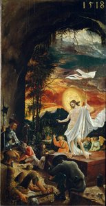 Kristi uppståndelse Han håller en korspinne vid vars ände flyter en vit flagga (standard). Målning av Albrecht Altdorfer (ca 1480-1538) 1518 Dim. 70x37 cm Wiens konsthistoriska museum av Albrecht Altdorfer