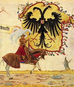 Kejsar Maximilians triumftåg, scen: Kejserlig fana och svärd, detalj av Albrecht Altdorfer
