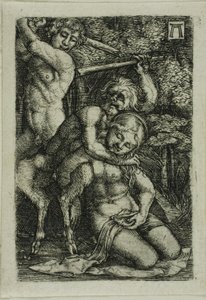 Två satyrer slåss om en nymf av Albrecht Altdorfer