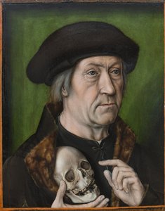 Autoportrait avec un crane - Självporträtt med en skalle, av Bouts, Aelbrecht (Albert) (1451/54-1549). Olja på trä, c. 1520. Mått : 42,6x33 cm. Muzeul National Brukenthal, Sibiu