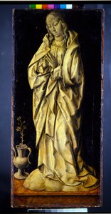 Tidigare vingarna till en triptyk, ett par, Kvinnliga figurer som personifierar visdom och generositet, med bebådelsen (panel; en grisaille verso) av Albrecht Bouts