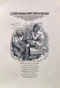 En romersk soldat som hånar Kristus, med konstnärens namn på latin ovanför och nedanför en dikt som hyllar mannen för hans synder, titelsida till serien The Great Passion, pub. 1511 av Albrecht Dürer