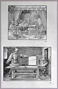 Apparat för att översätta tredimensionella objekt till tvådimensionella ritningar, två scener ur konstnärens första tekniska bok Introduction in the Art of Measurement with Compass and Ruler, writt av Albrecht Dürer