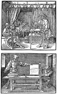 Apparat för att översätta tredimensionella objekt till tvådimensionella ritningar, 1525, 1936 av Albrecht Dürer
