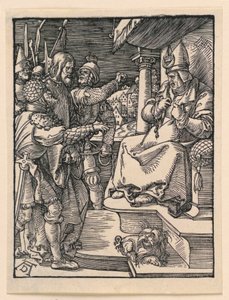Kristus före Kaifas, från The Little Passion-serien av Albrecht Dürer