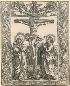 Kristus på korset med änglar i kantverket av Albrecht Dürer