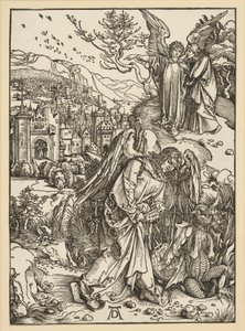 Ängeln kastar draken i avgrunden och stänger in den där (Apokalypsen) av Albrecht Dürer