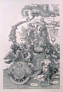 Design för kejsar Maximilian I:s stora triumfvagn: detalj som visar dygderna som placerar en krans på kejsarens huvud, planerad av Willibald Pirckheimer, pub. c.1518 av Albrecht Dürer