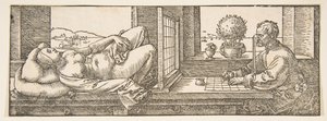 Ritare som gör en perspektivteckning av en liggande kvinna, ca. 1600. av Albrecht Dürer