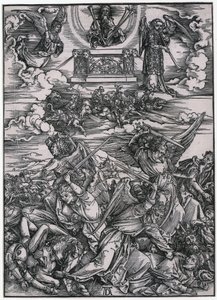 Änglakampen, figur VII, blad 9 i serien ”Apokalypsen” av Albrecht Dürer
