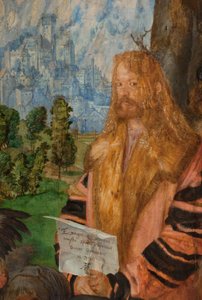 Rosenkransfesten, detalj uppe till höger:
Självporträtt av Albrecht Dürer