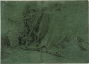 Dräktstudie av en kvinna sittande på en stenbänk av Albrecht Dürer