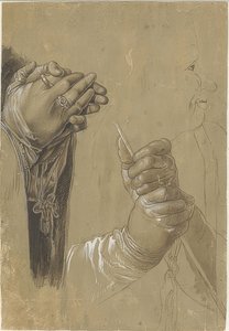 Händer och ett huvud i profil av Albrecht Dürer