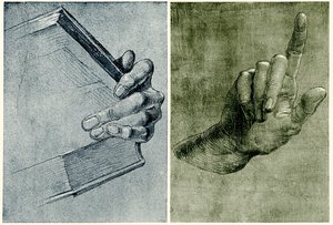 Hand med bok av Albrecht Dürer