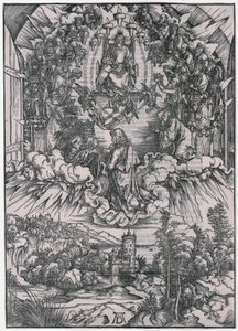 Johannes inför Gud Fadern och de äldste, figur II, blad 4 i serien ”Uppenbarelseboken” av Albrecht Dürer