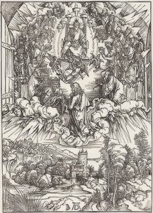 Johannes inför Gud Fadern och de äldste, från avsnittet av Apokalypsen. 1496 av Albrecht Dürer