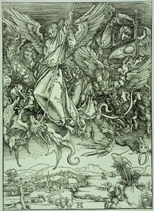 Uppenbarelseboken (latinsk utgåva): Sankt Mikael som besegrar draken (Bartsch 72) av Albrecht Dürer