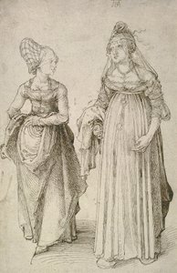 Dam i venetiansk klänning kontrasterad med en Nürnberg Hausfrau av Albrecht Dürer