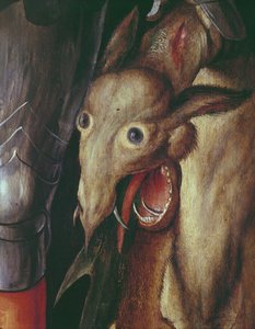 Paumgartner altartavla: detalj av den vänstra vingen, föreställande drakens huvud besegrad av St. George, ca 1500 tempera på paneldetalj av 495745 av Albrecht Dürer