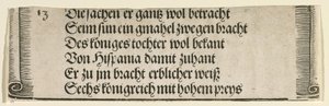 Tryckt text för "Filips den vackras trolovning med Jeanne av Kastilien" av Albrecht Dürer