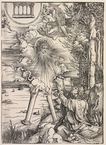 Johannes uppenbarelse: Johannes slukar böckerna, 1511. av Albrecht Dürer