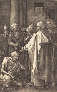 Sankt Peter och Sankt Johannes helar en krympling vid templets port, 1513. av Albrecht Dürer