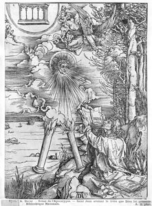 Scen från apokalypsen, Johannes slukar boken, latinsk upplaga, 1511 (träsnitt) (bw foto) av Albrecht Dürer