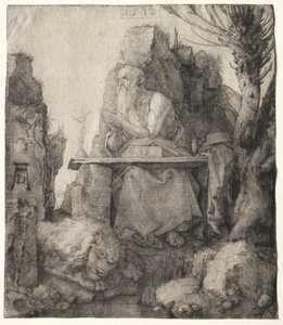 St. Jerome sitter nära en pil av Albrecht Dürer
