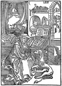 St Hieronymus i sitt arbetsrum som drar en tagg från en lejontass, 1492, 1936 av Albrecht Dürer