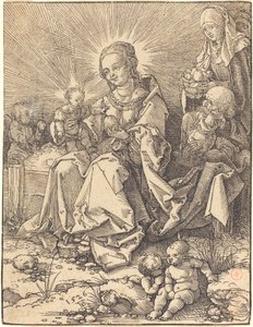 Den heliga familjen på en gräsbevuxen bänk av Albrecht Dürer