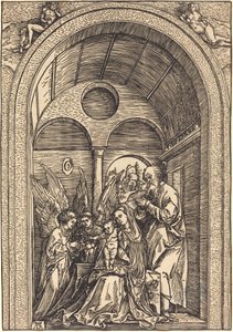Den heliga familjen med två änglar i en välvd sal av Albrecht Dürer