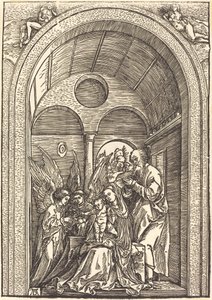 Den heliga familjen med två änglar i en välvd sal av Albrecht Dürer