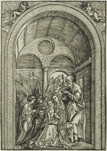 Den heliga familjen med två änglar i en välvd sal av Albrecht Dürer