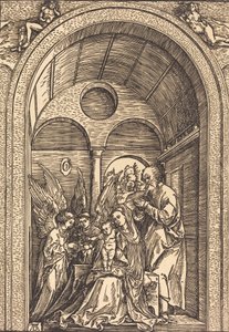 Den heliga familjen med två änglar i en välvd sal, ca. 1504. av Albrecht Dürer