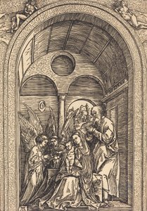 Den heliga familjen med två änglar i en välvd sal, ca. 1504. av Albrecht Dürer