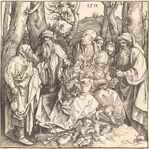 Den heliga familjen med två musikskapande änglar av Albrecht Dürer